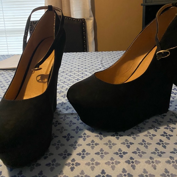 JustFab Shoes - Black Suede Wedge Heels with Adjustable Strap